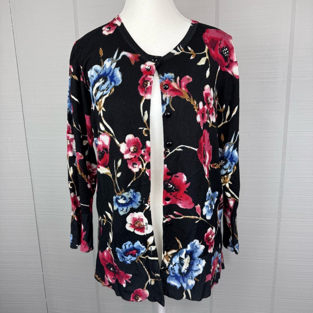 Grace Elements Red Blue Black Floral Button Up Cardigan Sweater 3/4 Sleeves L